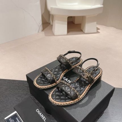 Chanel Black Leather Chain Link CC Cork Sandals