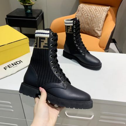 Fendi Women's Black Tronchetto Knitted Combat Boots
